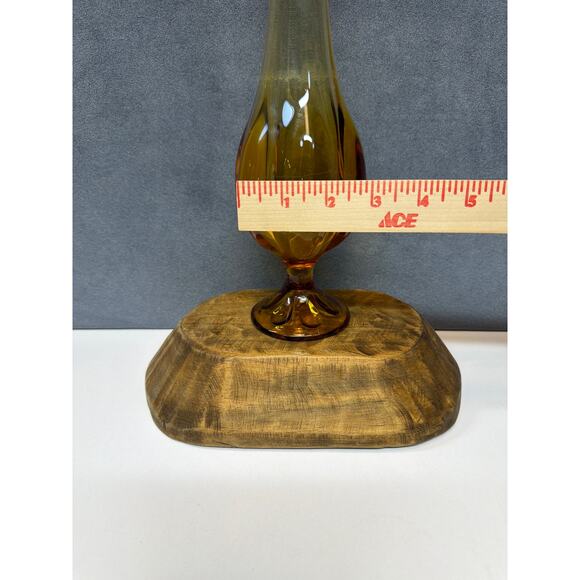 Vtg Viking Glass Amber Swung Bud Vase 6 Petal Footed Ribbed Gold Art Glass 14.5” - Picture 6 of 7